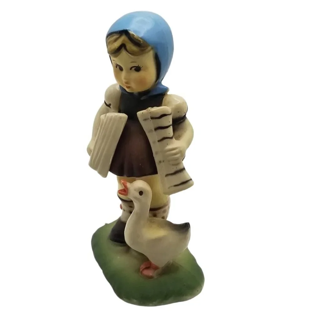 Vintage Plastic Figurine Girl with Duck Figure Made in Hong Kong Blue Scarf